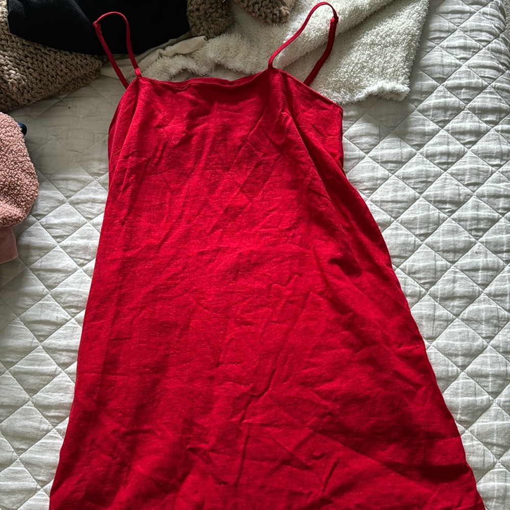 Red linen target dress